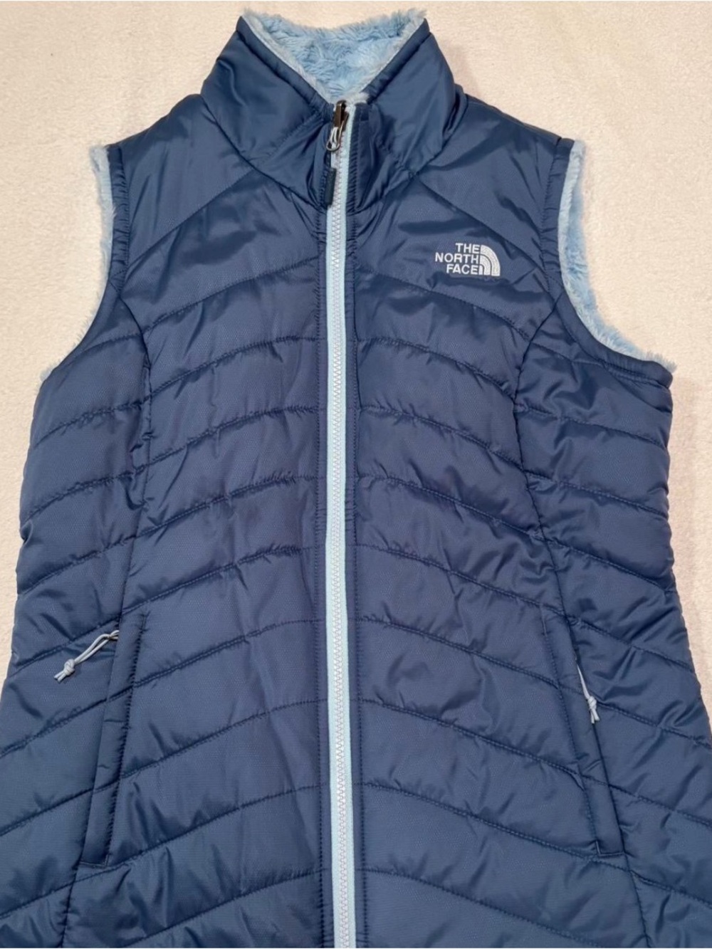The North Face Vest Reversible - Navy Puffer & Light Blue Fuzzy Woman’s Small